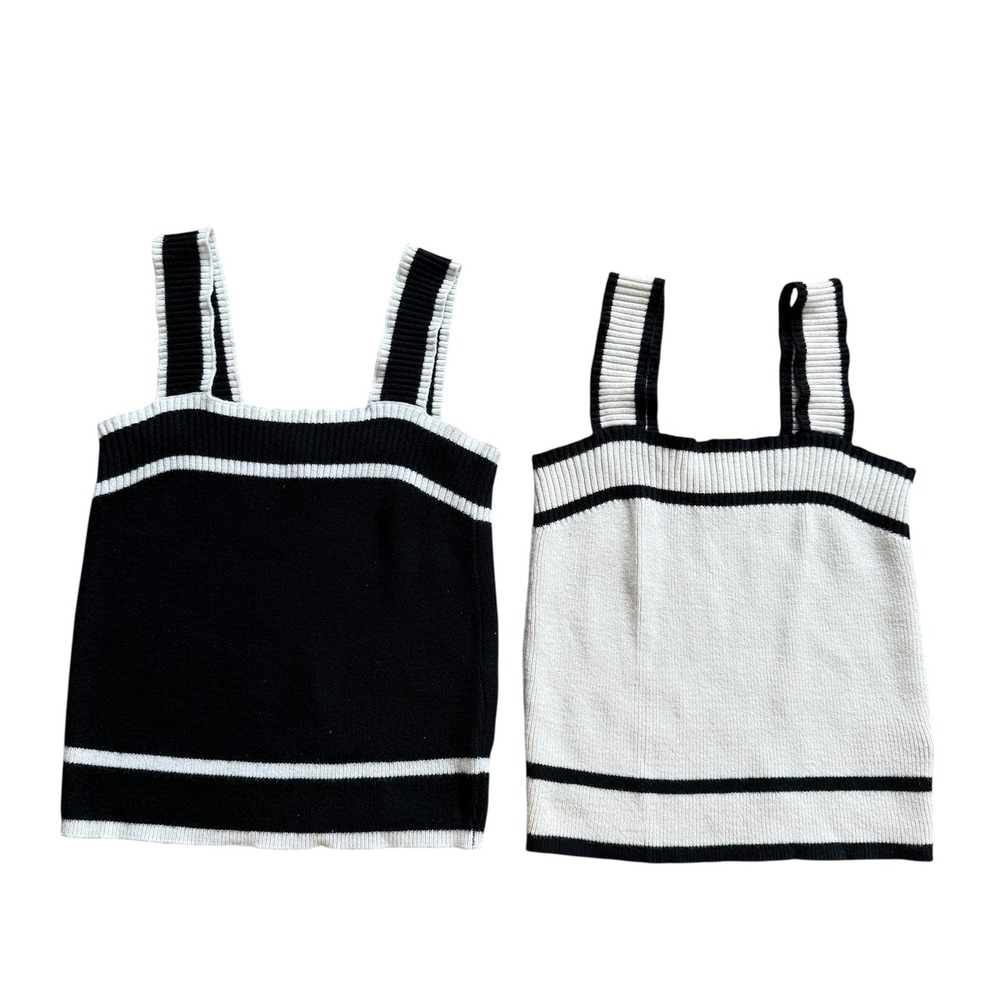 E&M Womens Ribbed Knit Striped‎ Tank Top Set Black White Size L